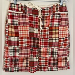 Liz Claiborne preppy plaid mini skirt Red cream Brown lined pockets zips SZ 8P